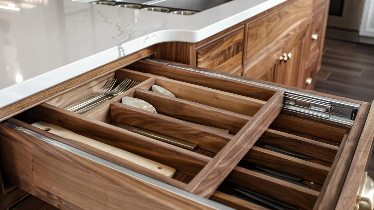 Kitchen Remodel Hudson Oh Floor To Ceiling Cabinetry Quartz Countertop Single Bowl Sink Brass Hardware Built In Silverware Divider