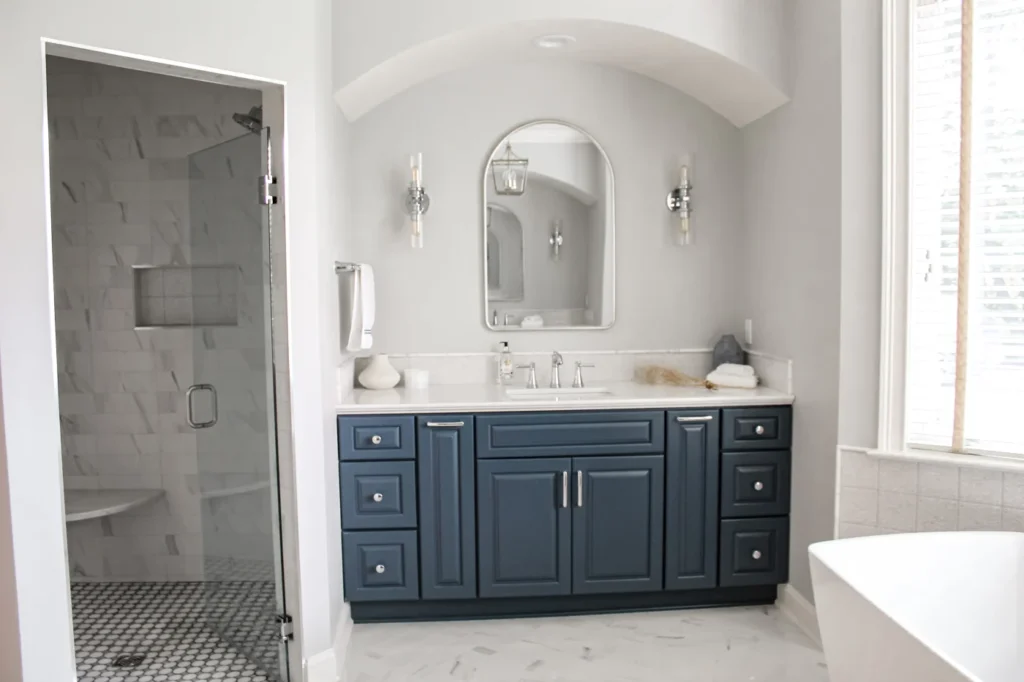 Master Bathroom Hannon Chagrin Falls Ohio White Countertop Blue Vanity