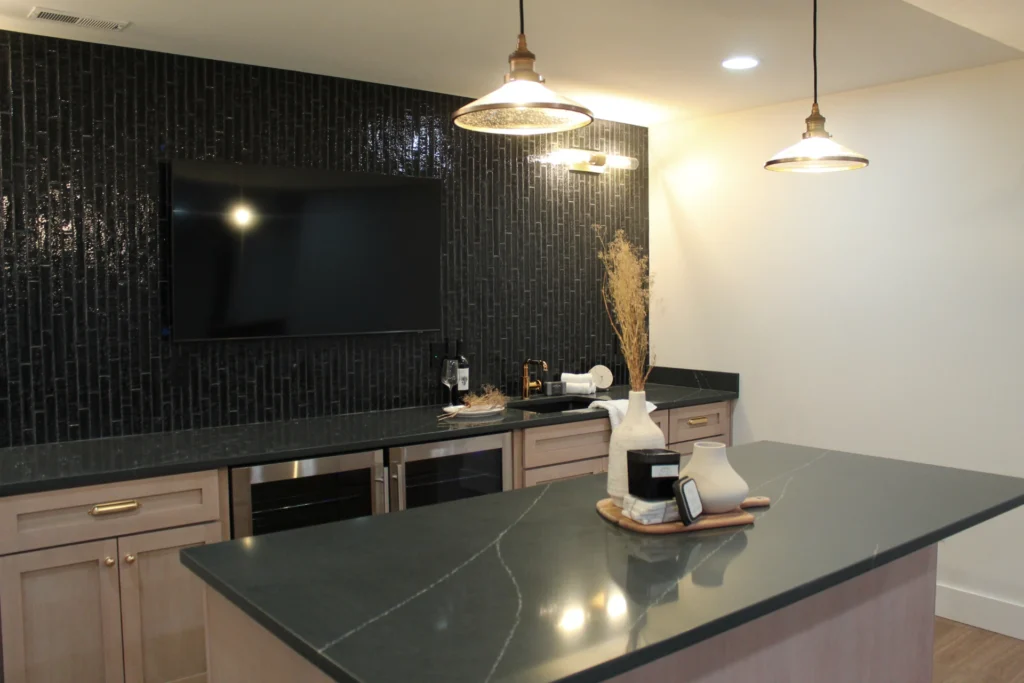 Basement Remodel Strongsville Oh Quartz Countertop Black Subway Tile Wet Bar Wine Cooler 2