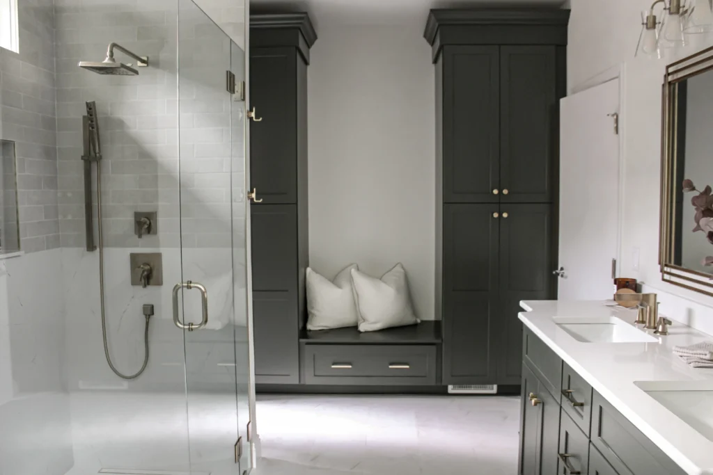 Bathroom Remodel Solon Oh Quartz Countertop Double Vanity Fabulwood Cabinetry Curbless Shower Half Wall Free Standing Tub Vault Ceiling