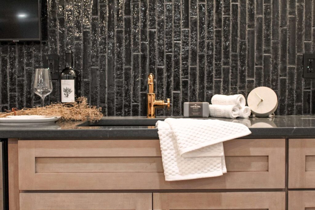 Basement Remodel Strongsville Oh Quartz Countertops Pendant Lighting Tile Backsplash Brass Hardware