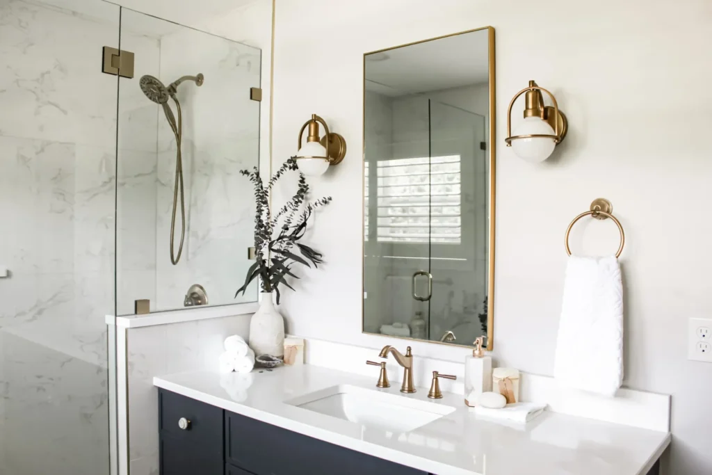 Bathroom Remodel Hudson Oh Shower Bench Curb Handheld Delta Showerhead Porcelain Tile Niche Hinge Slide Door Navy Blue Single Vanity Brass Finish Natural Stone Granite Knobs