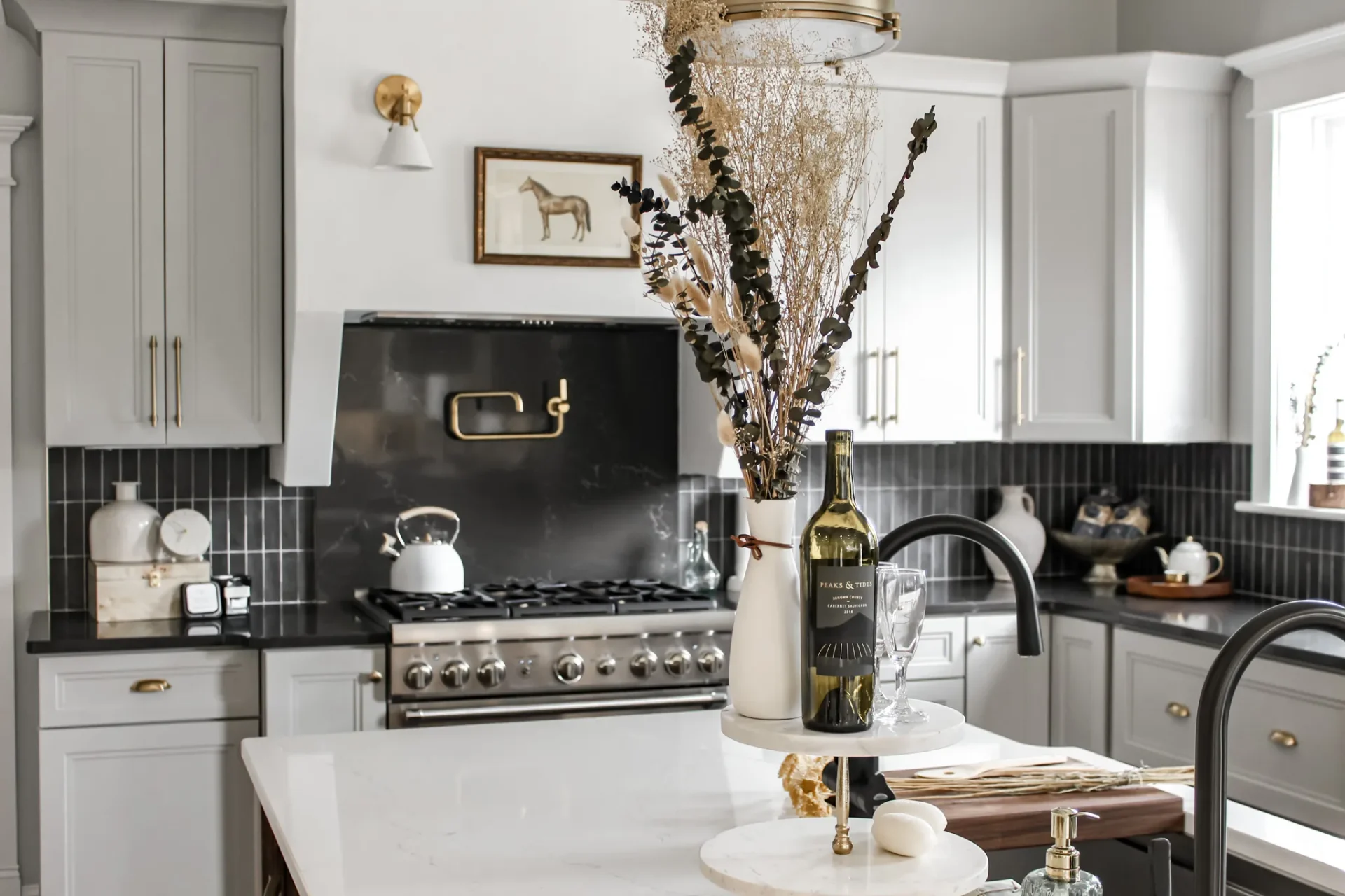 Kitchen Remodel Hudson Oh Custom Range Hood Extended Countertop Matte Black Subway Tile Two Toned Cabinetry Galley Sink