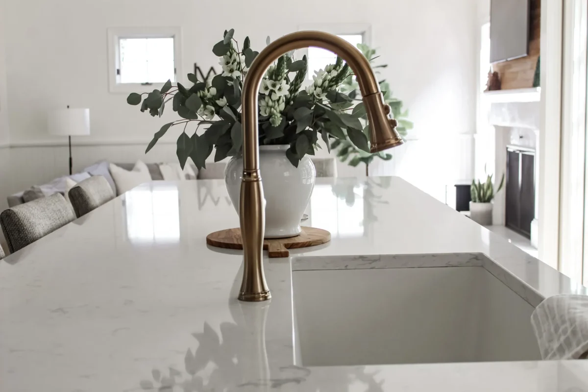 kitchenremodelhudsonohcustomcabinetryquartzcountertopkaraknobsormandepullswalnutislandhoneybronzehardware5311zonscaled Element Design Build Remodel