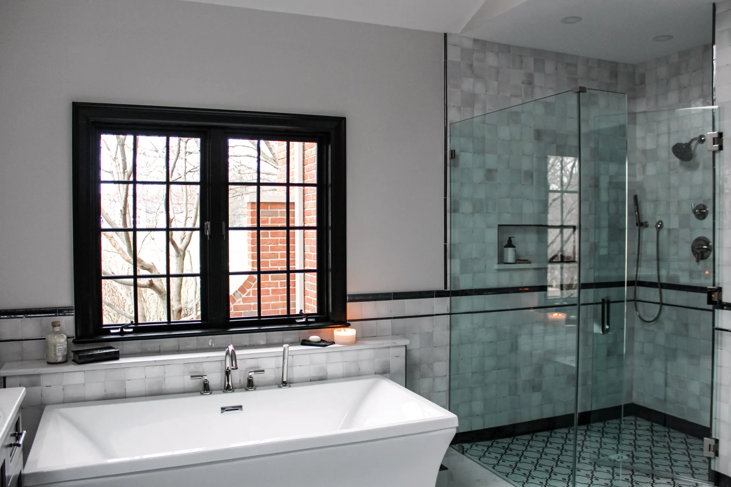 primarybathroomremodelcurblessshowerfreestandingtubzelligetilecuyahogafallsohio311zonscaled  Element Design Build Remodel