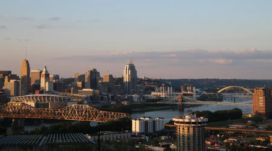 City skyline along a calm river at sunset with multiple bridges and tall buildings in the background.