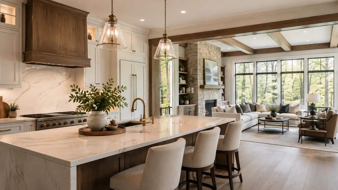 Open-concept kitchen and living room with a marble island, brass fixtures, and a stone fireplace seen through large windows.
