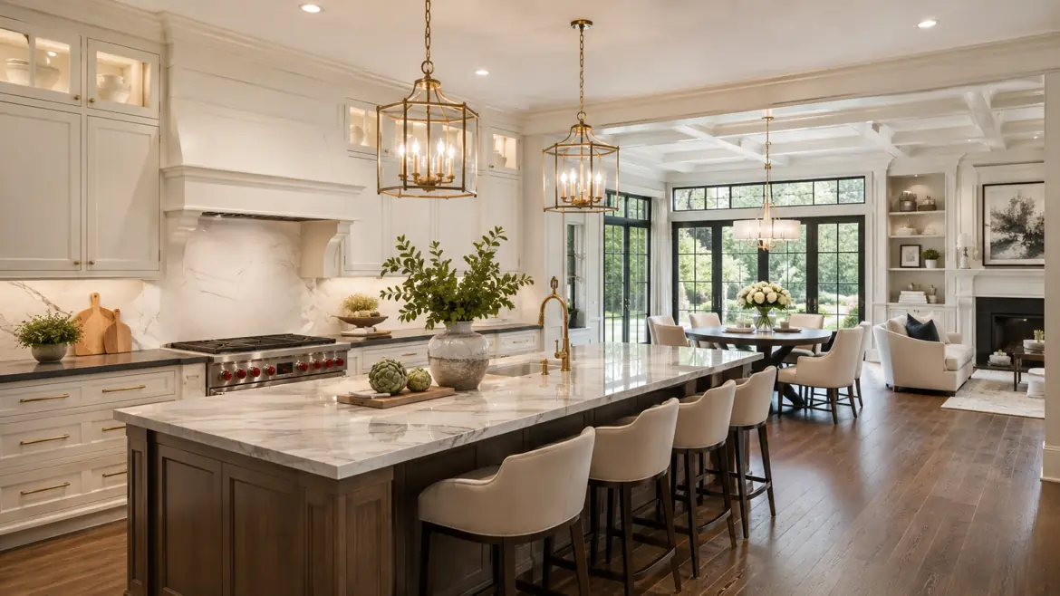 Open-concept kitchen with a marble island, white cabinets, and brass pendant lights, extending to a dining area and living room.