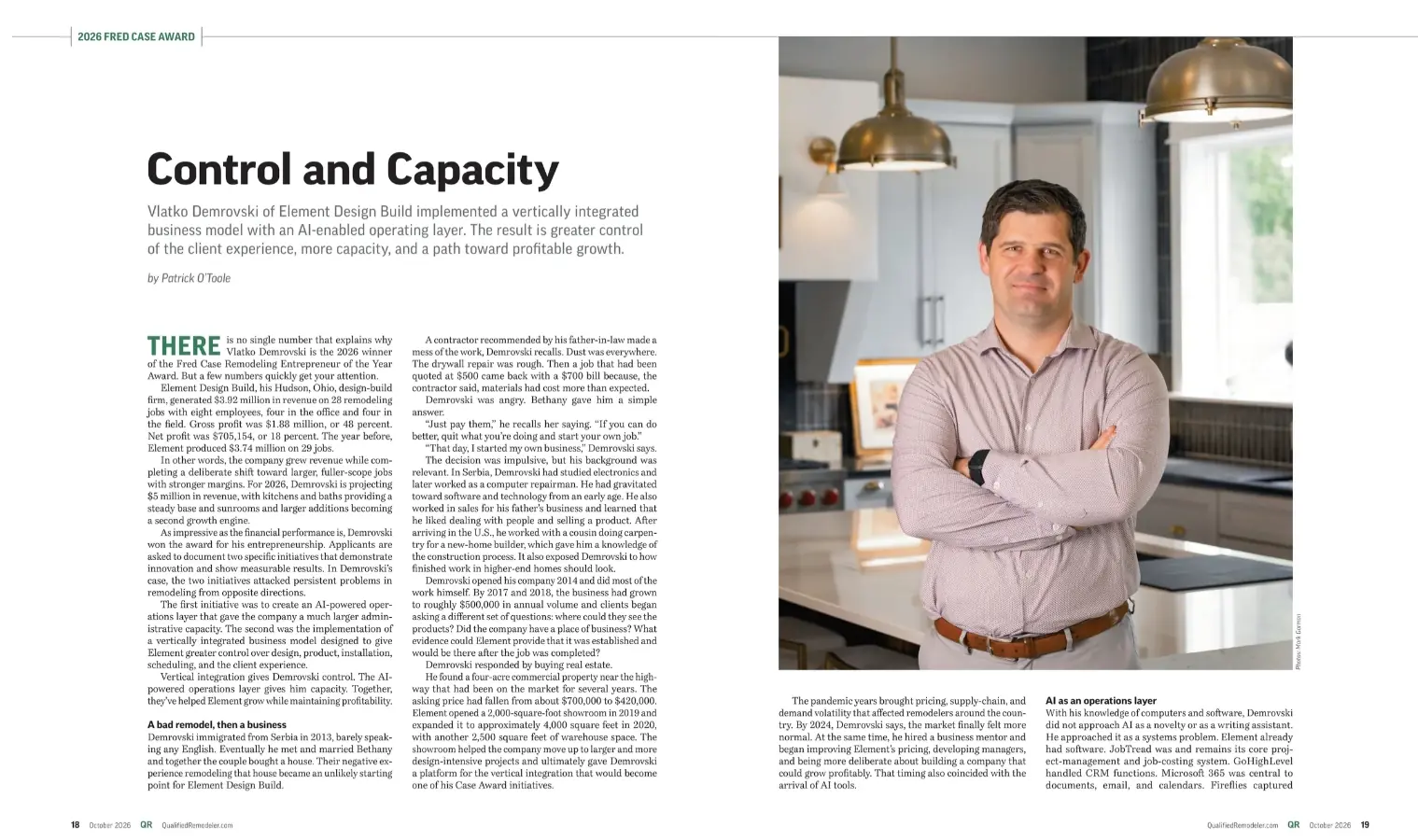Qualified Remodeler 2026 Fred Case Award feature article "Control and Capacity" with Vlatko Demrovski in an Element kitchen