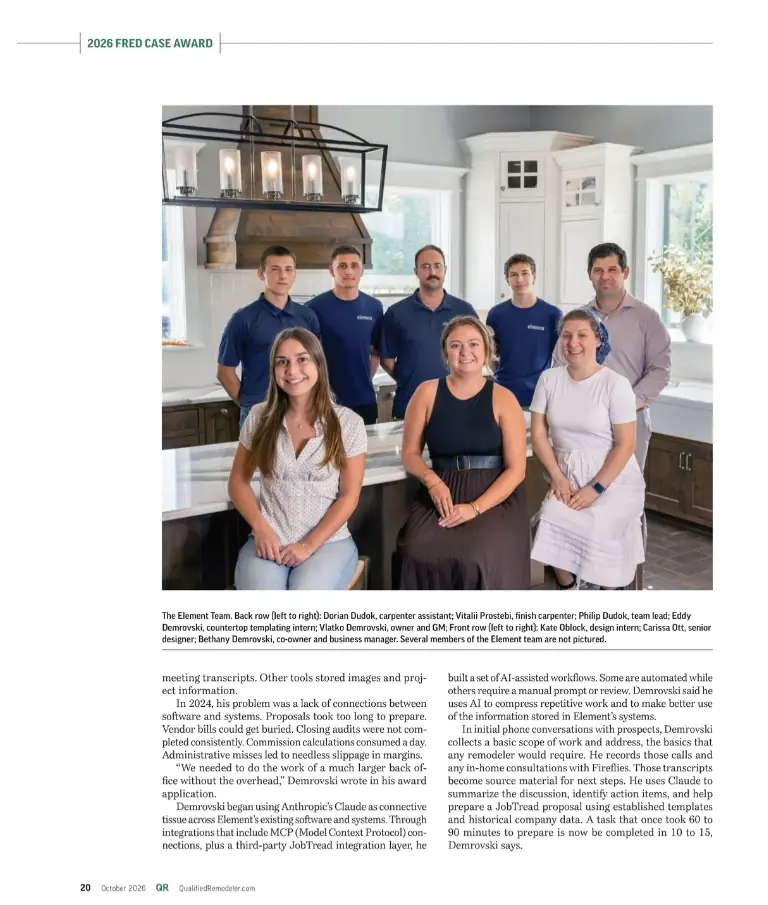 The Element Design Build team photographed in a remodeled kitchen for Qualified Remodeler's 2026 Fred Case Award feature