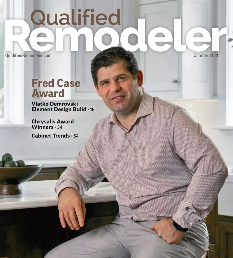 Vlatko Demrovski of Element Design Build on the October 2026 cover of Qualified Remodeler magazine for the Fred Case Award